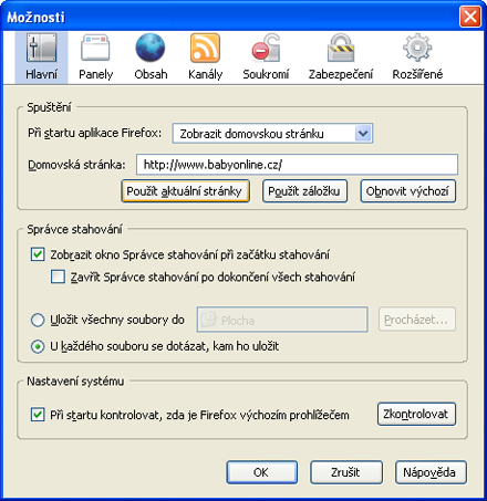 Firefox - nastavení domovské stránky Firefox - nastavení domovské stránky